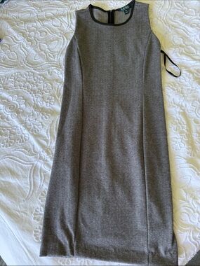 Lauren Ralph Lauren grey sleeveless shift dress with black leather trim